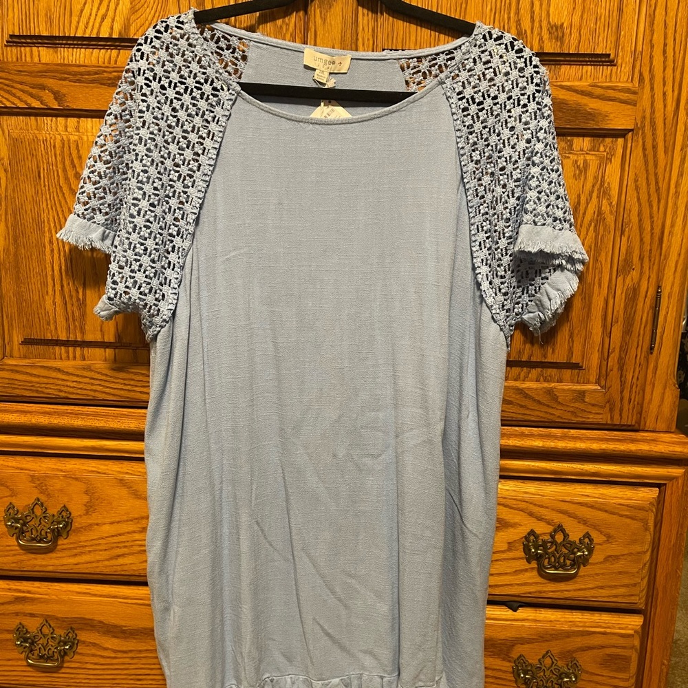 Umgee Light Blue Crochet Sleeve Blouse